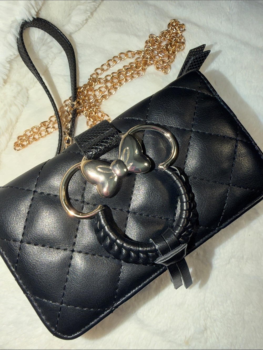 Minnie Quilted Black Wristlet Phone Case with Bow Ring Accent/ crossbody w chain